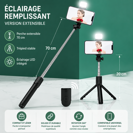 Trépied Selfie Bluetooth 4-en-1 – Perche Télescopique avec Télécommande
