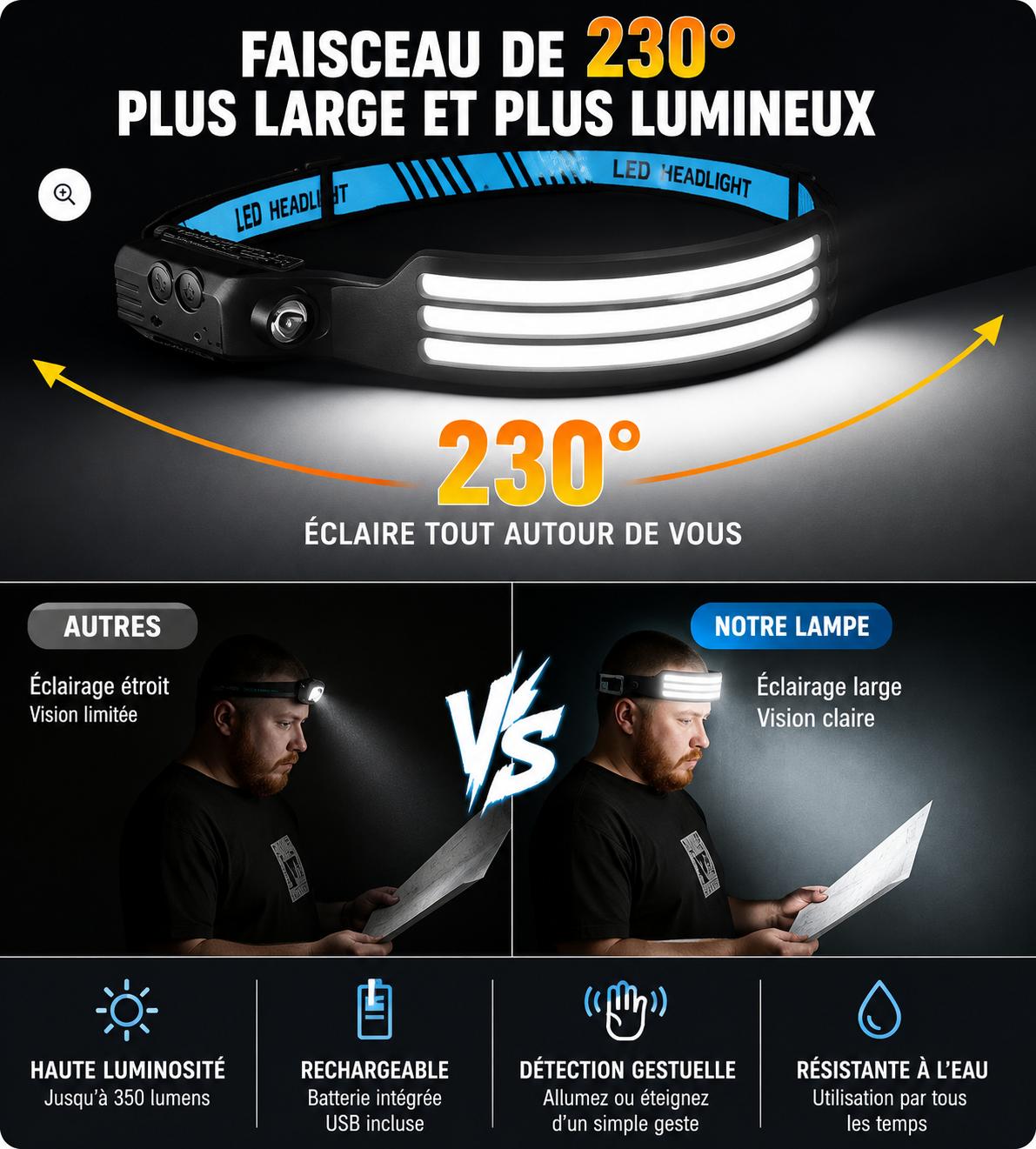 Lampe Frontale LED Rechargeable