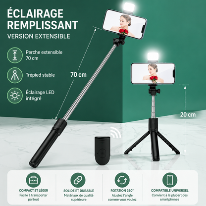 Trépied Selfie Bluetooth 4-en-1 – Perche Télescopique avec Télécommande
